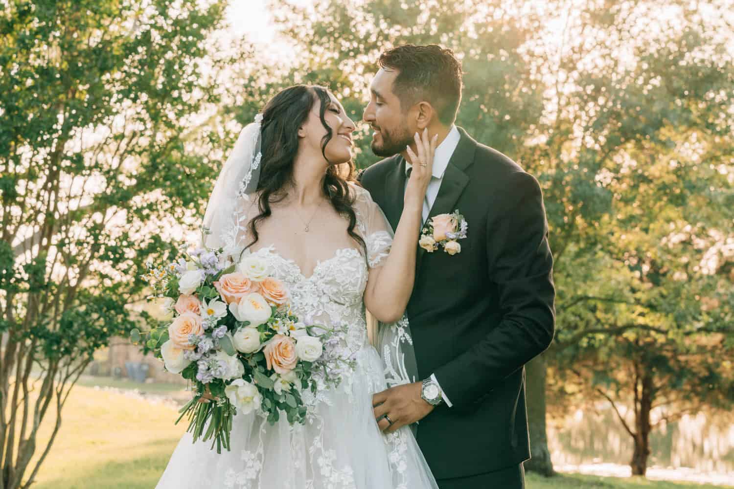 Beautiful wedding flowers featuring roses and peonies for a romantic wedding bouquet.