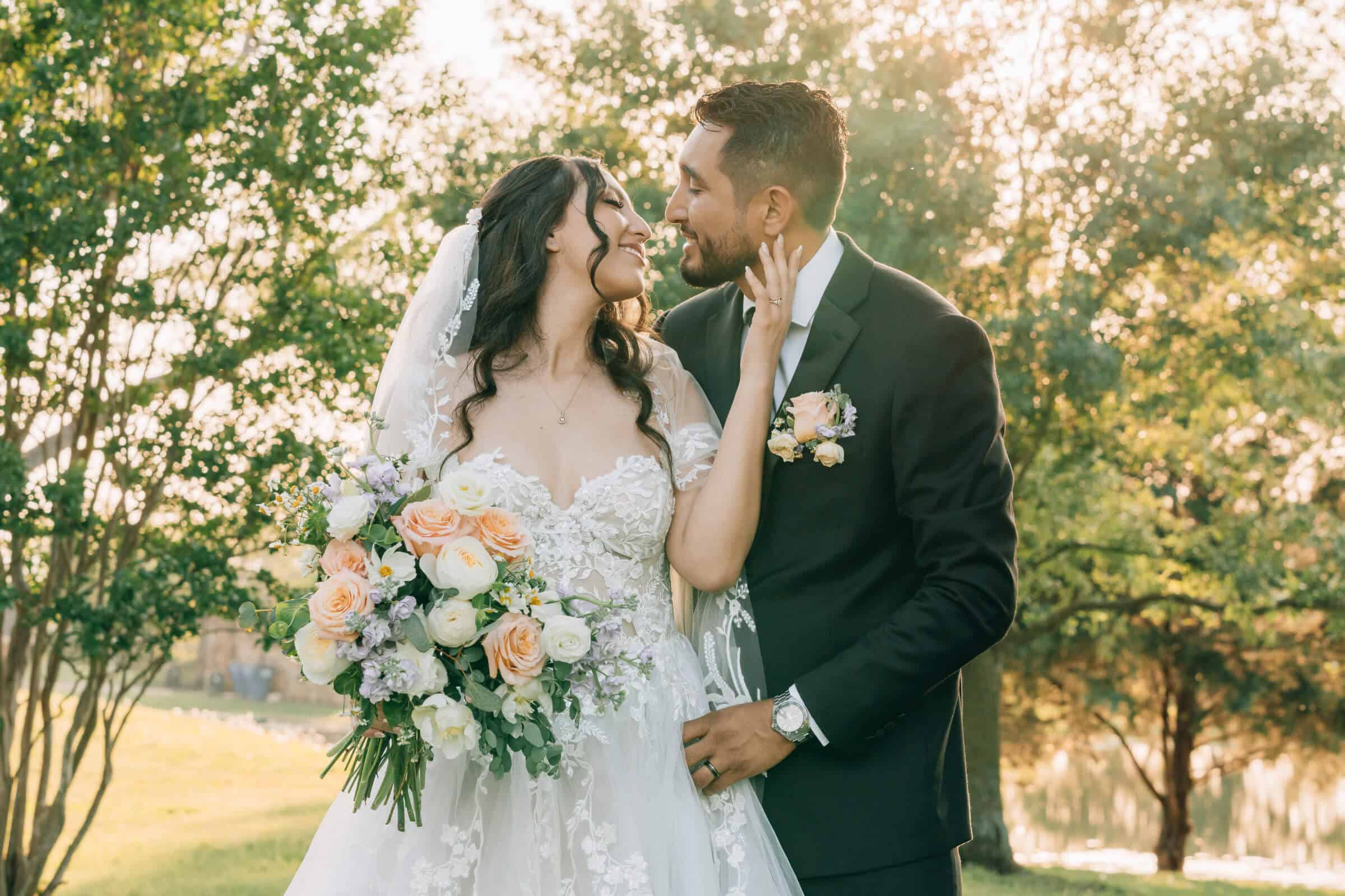 Wedding flowers, romantic bouquet, bride and groom, outdoor wedding, Simply Blessed Flowers.